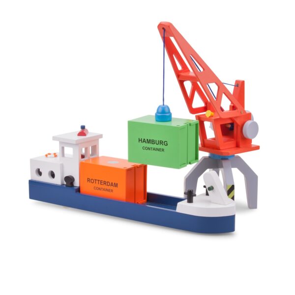 Houten rijnaak met wielen en containers – New Classic Toys Containerhaven serie