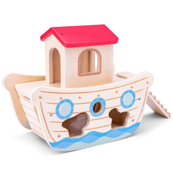 Detail van houten dieren en vormen van de New Classic Toys vormenboot