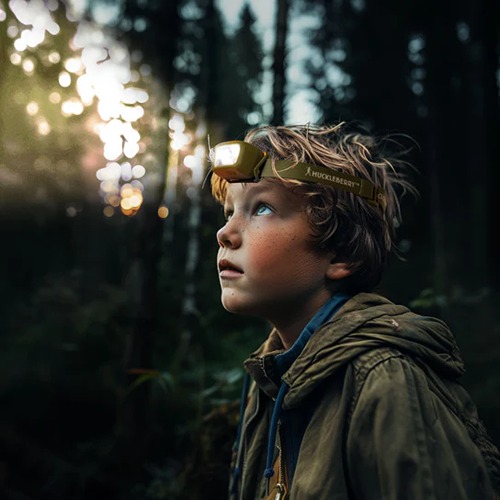 Kind draagt Huckleberry hoofdlamp tijdens nachtelijke speurtocht in de tuin