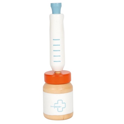 Houten spuit en medicijnpotje bij duurzaam en educatief verzorgingsset Poes