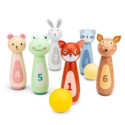 educatief-houten-woet-dieren-kegels-bowling-spel Woet houten bowling set met kleurrijke dierenkegels voor kinderen