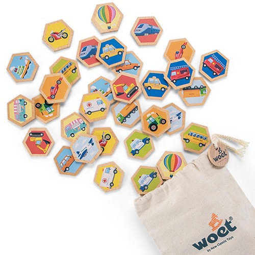 woet-houten-memory-spel-voertuigen-met-zak Stoffen opbergzak bij Woet memory spel met voertuigen
