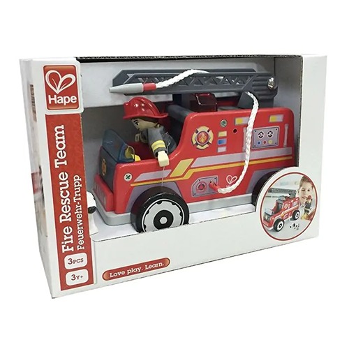 Hape Houten brandweerauto voor kinderen met verstelbare ladder en realistische details.