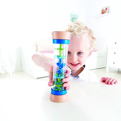 Hape sensorisch speelgoed regenmaker blauw ter stimulatie van motoriek en zintuigen