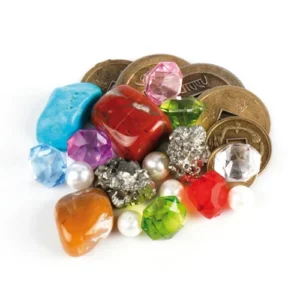 eduplay-sensorisch-piratenschat-speelbak-spel Piratenschat bestaande uit steentjes diamantjes en munten. Open einde en geschikt voor sensorisch speeltafel