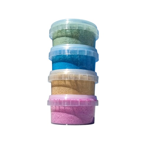 Vier potten in kleur groen, blauw, oranje, rose sensorypopp