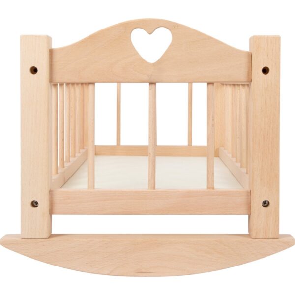 poppenwieg-hart-houten-soeelbed-poppen Zijaanzicht met decoratieve uitsneden van zon op de natuurlijke Small Foot poppenwieg