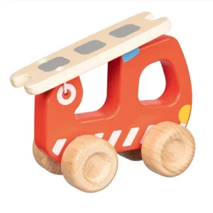 Goki houten brandweerwagen met beweegbare ladder met de ladder nu plat op de wagen.